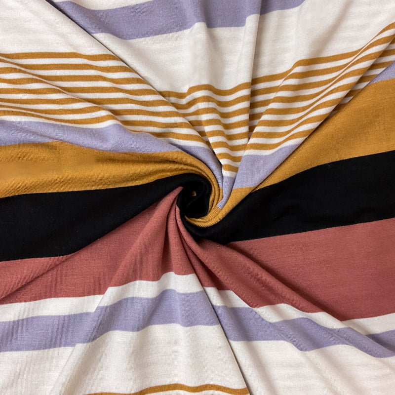 Brown-Purple-Multi Rayon Spandex Stripe Jersey Knit Fabric