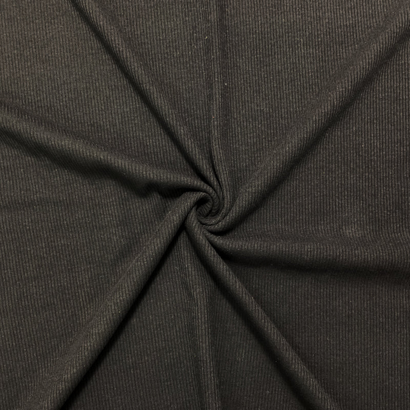 Black Poly Cotton Spandex Stretch Solid Rib Knit Fabric