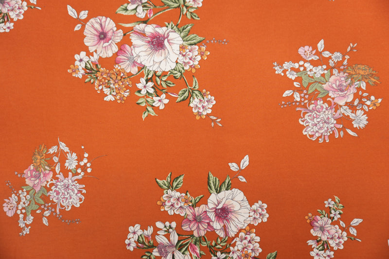 Orange-Multi Poly Floral Double Brushed Jersey Knit Fabric