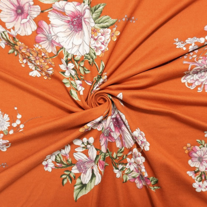 Orange-Multi Poly Floral Double Brushed Jersey Knit Fabric