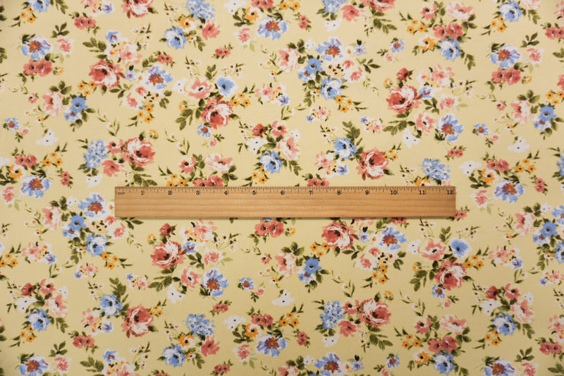 Yellow-Coral-Multi Poly Floral Double Brushed Jersey Knit Fabric