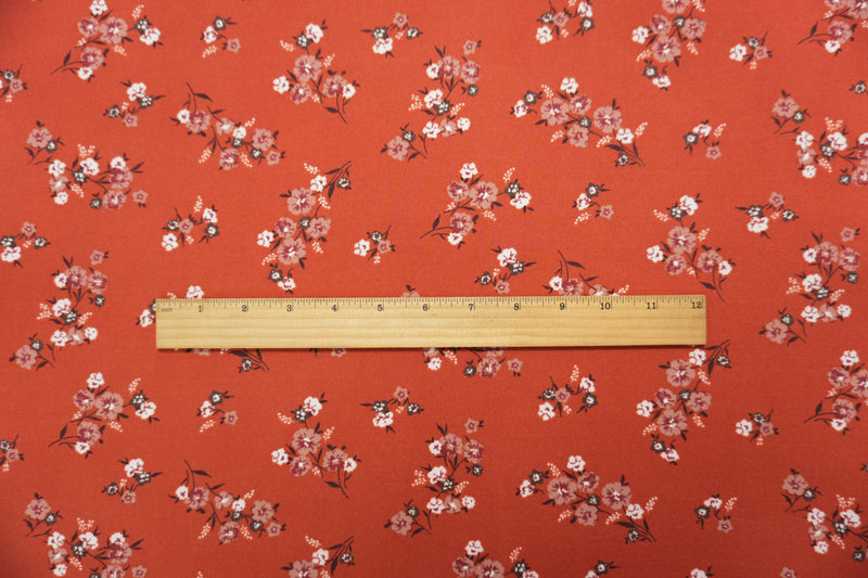 Red-Orange-Multi Poly Floral Double Brushed Jersey Knit Fabric
