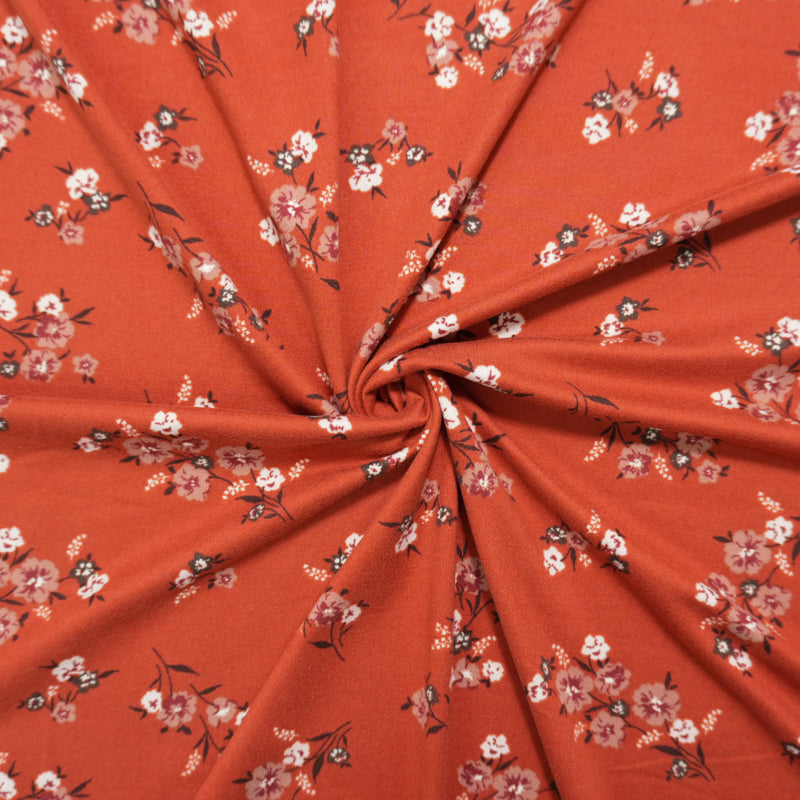 Red-Orange-Multi Poly Floral Double Brushed Jersey Knit Fabric
