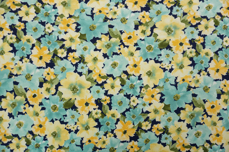 Navy-Teal-Multi Poly Floral Double Brushed Jersey Knit Fabric