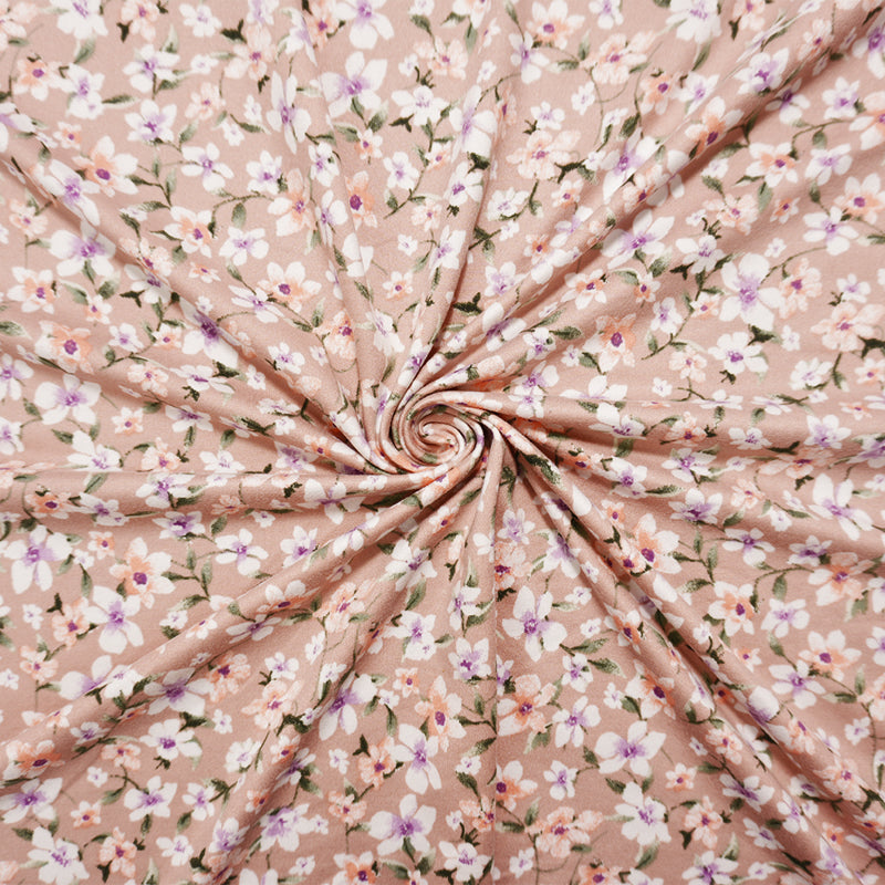 Beige-Purple-Multi Poly Spandex Floral Printed Double Brushed Jersey Knit Fabric