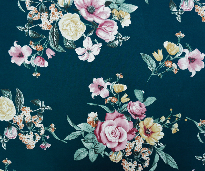 Deep Green-Pink-Multi Poly Floral Double Brush Jersey Knit Fabric