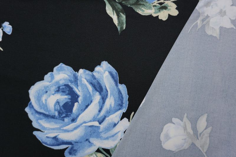 Black-Blue-Green Poly Floral Double Brushed Jersey Knit Fabric