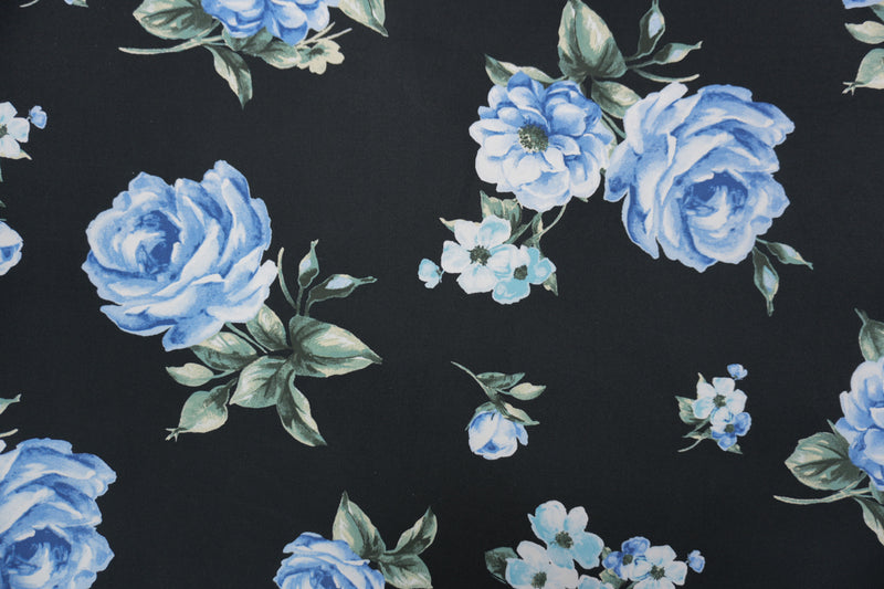 Black-Blue-Green Poly Floral Double Brushed Jersey Knit Fabric