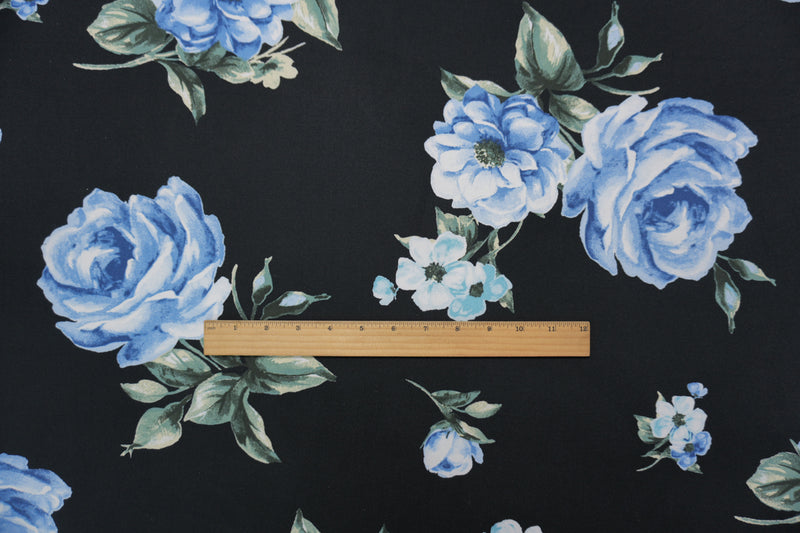 Black-Blue-Green Poly Floral Double Brushed Jersey Knit Fabric