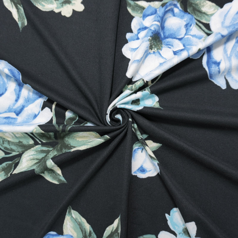 Black-Blue-Green Poly Floral Double Brushed Jersey Knit Fabric
