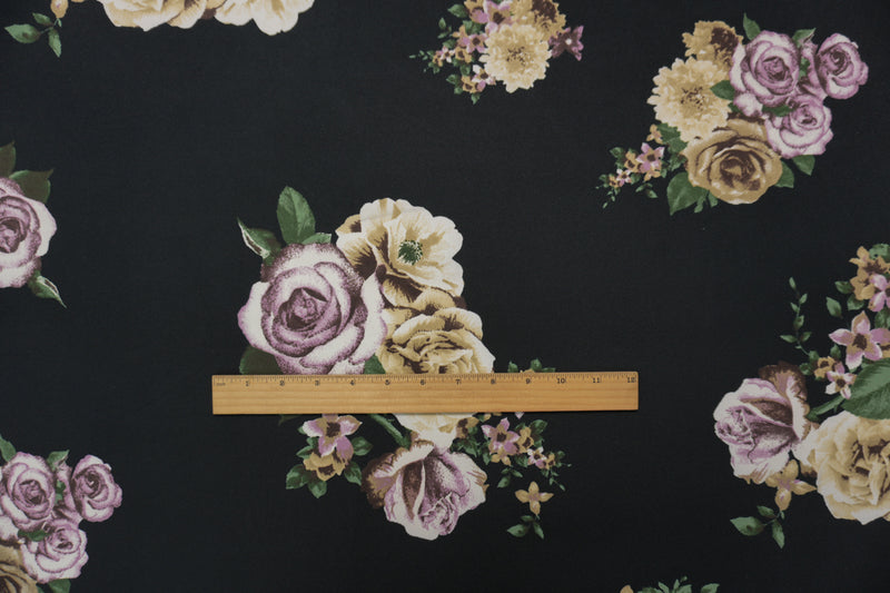 Black-Purple-Multi Poly Floral Double Brushed Jersey Knit Fabric
