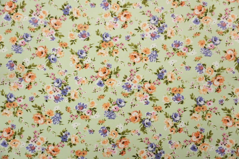 Green-Purple-Multi Poly Floral Double Brushed Jersey Knit Fabric
