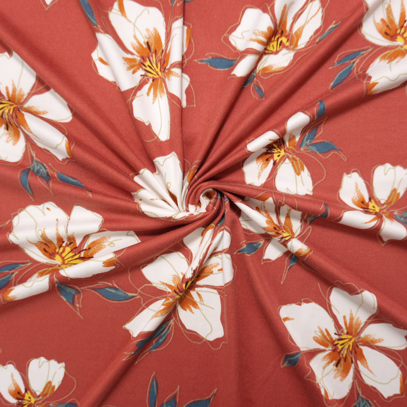 Red-Orange-Multi Poly Floral Printed Double Brushed Jersey Knit Fabric