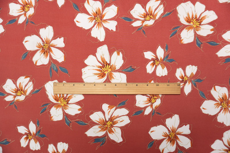 Red-Orange-Multi Poly Floral Printed Double Brushed Jersey Knit Fabric