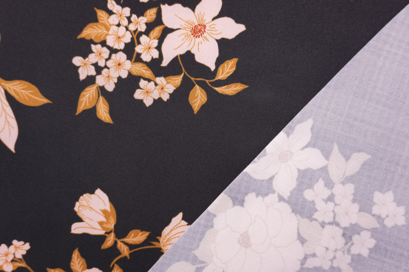 Black-Pink-Brown Poly Floral Double Brushed Jersey Knit Fabric