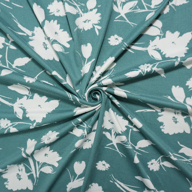 Green-White Poly Floral Double Brushed Jersey Knit Fabric