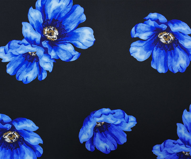 Black-Blue Poly Floral Double Brushed Jersey Knit Fabric