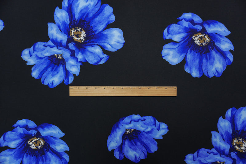Black-Blue Poly Floral Double Brushed Jersey Knit Fabric