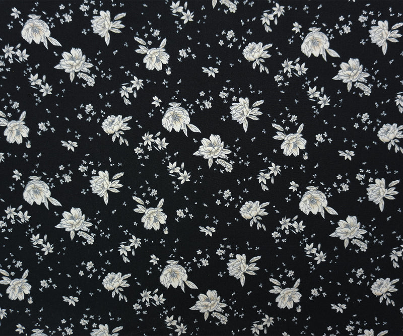 Black-Biege-White Poly Floral Double Brushed Jersey Knit Fabric