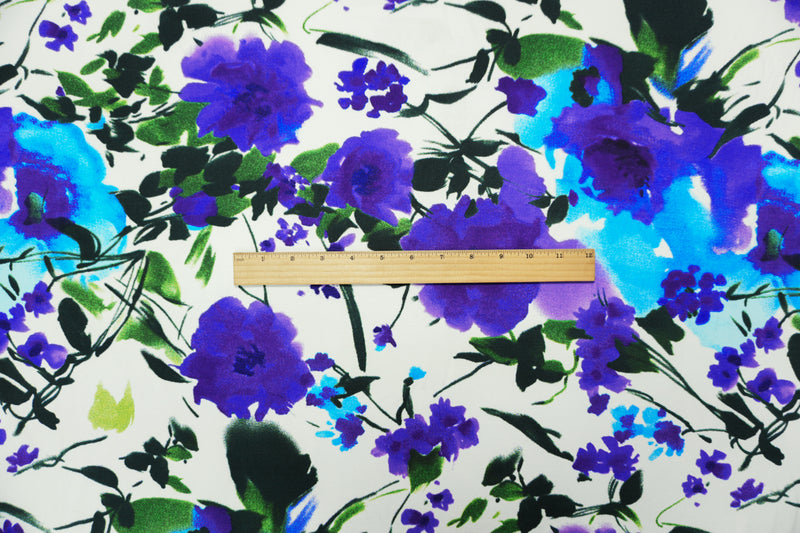 White-Blue-Green Poly Floral Double Brushed Jersey Knit Fabric