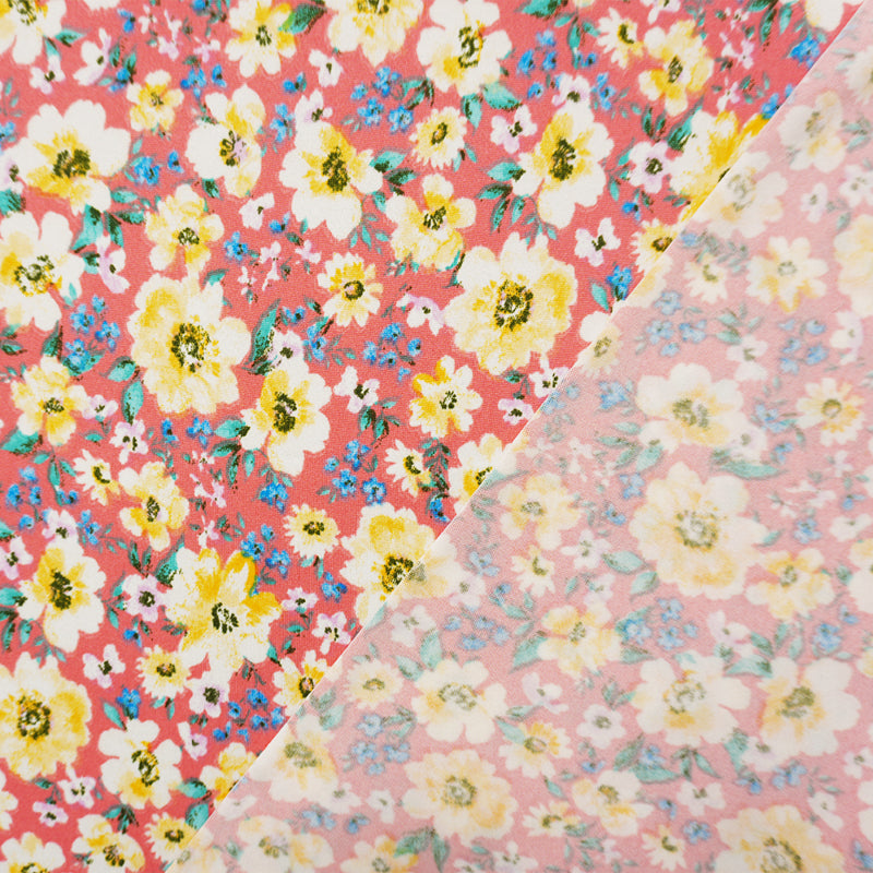 Coral-Yellow-Multi Poly Floral Double Brushed Jersey Knit Fabric