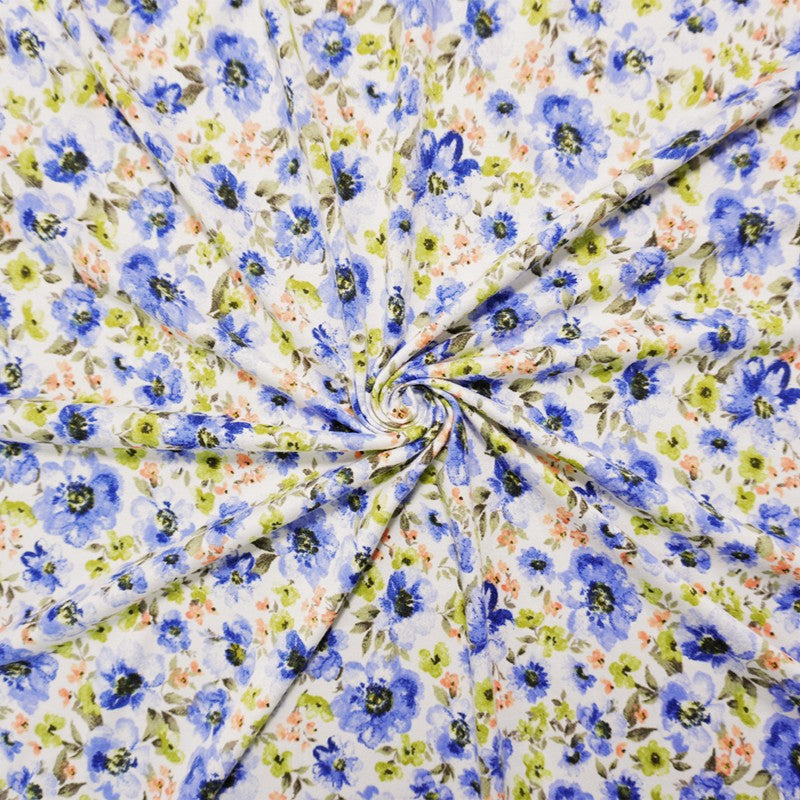 White-Blue-Multi Poly Floral Double Brushed Jersey Knit Fabric