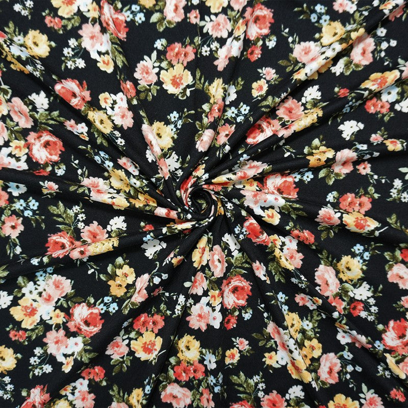 Black-Coral-Yellow Poly Floral Double Brushed Jersey Knit Fabric