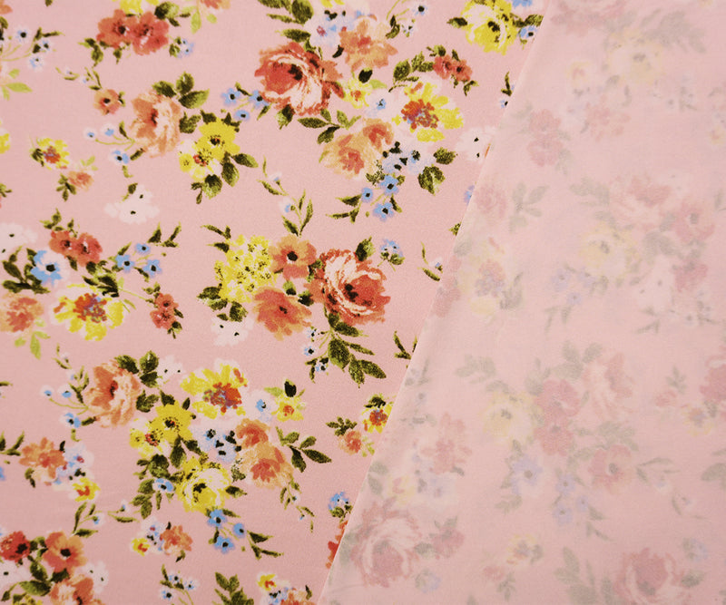 Pink-Coral-Multi Poly Floral Double Brushed Jersey Knit Fabric