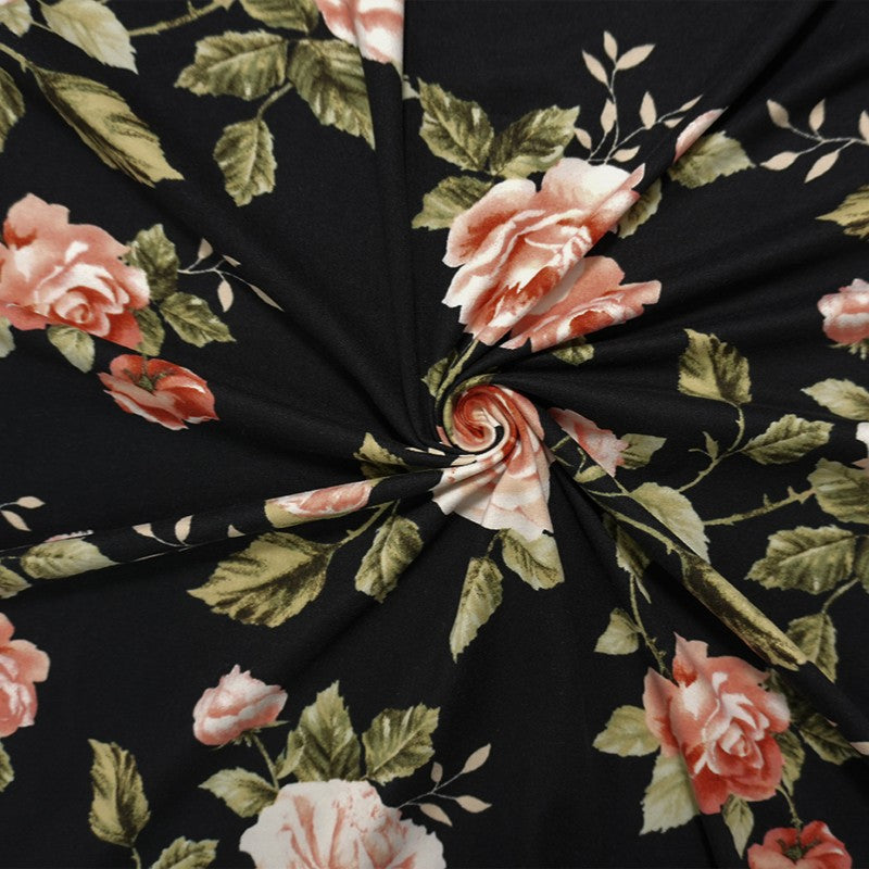 Black-Coral-Multi Poly Floral Double Brushed Jersey Knit Fabric