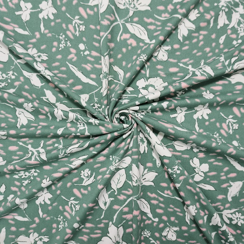 Green-Pink-White Poly Floral Double Brushed Jersey Knit Fabric
