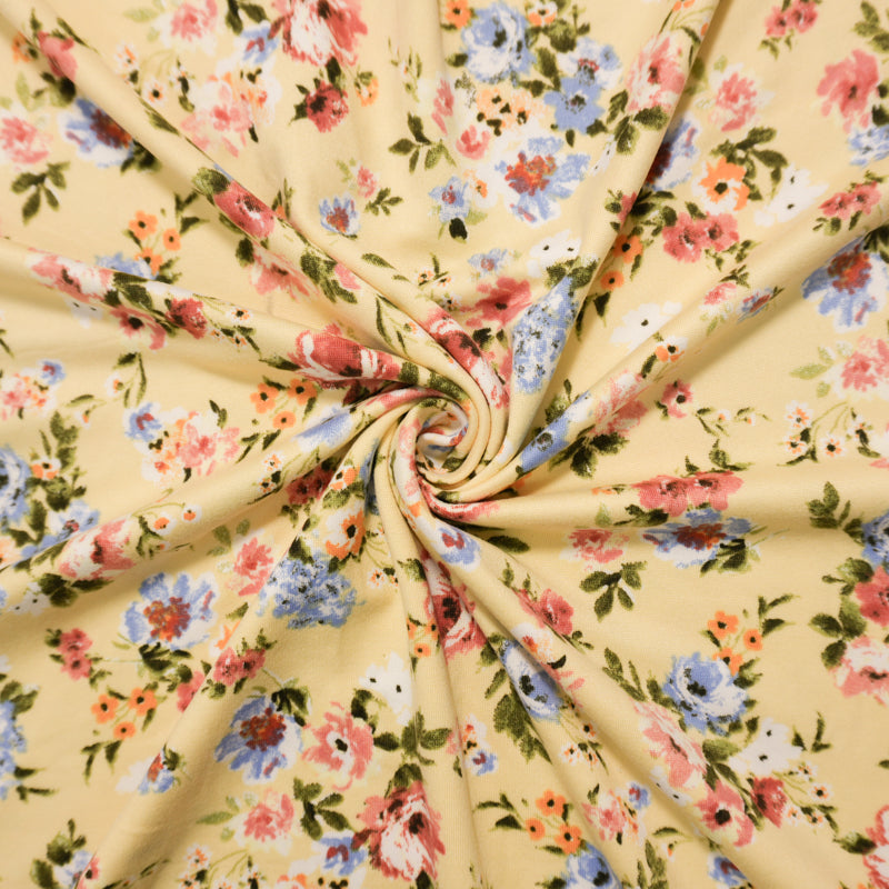 Yellow-Red-Multi Poly Floral Double Brushed Jersey Knit Fabric