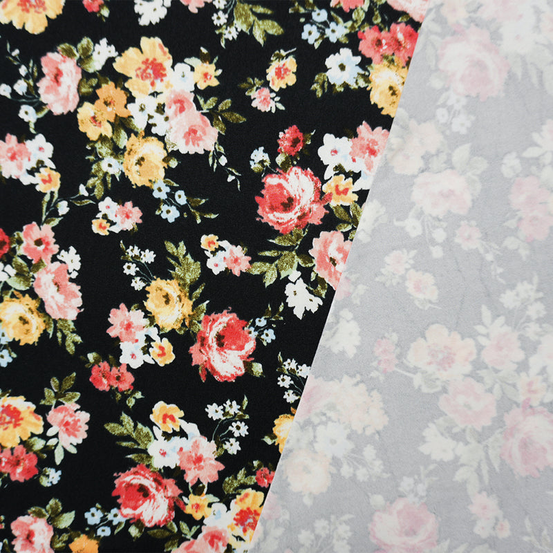 Black-Pink-Yellow Poly Floral Double Brushed Jersey Knit Fabric