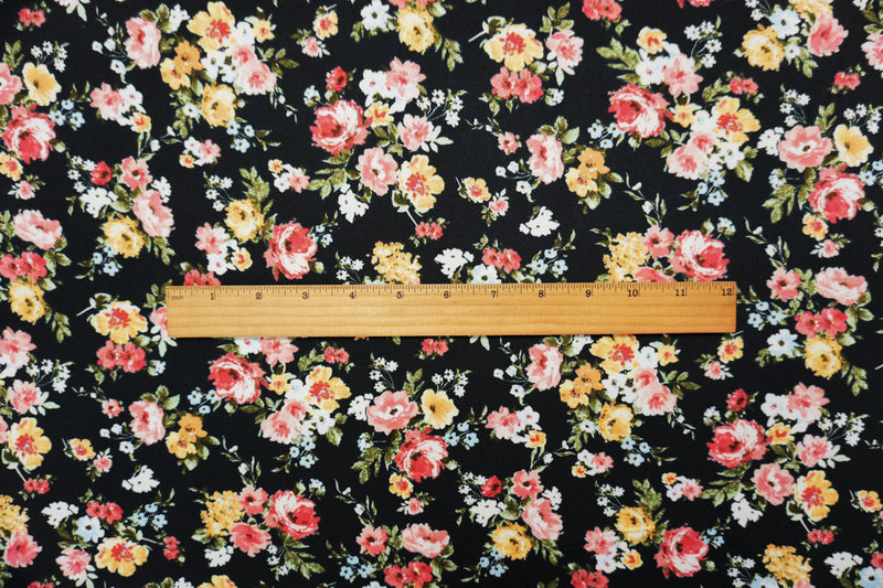 Black-Pink-Yellow Poly Floral Double Brushed Jersey Knit Fabric