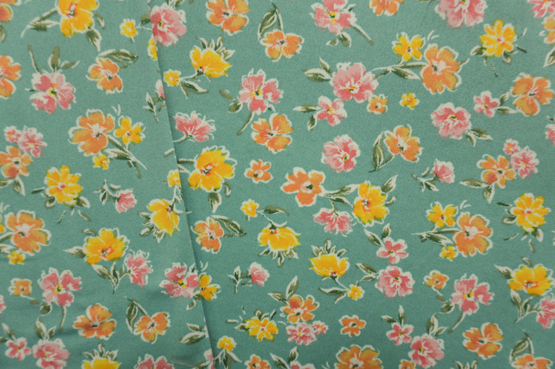 Teal-Yellow-Multi Poly Floral Double Brushed Jersey Knit Fabric