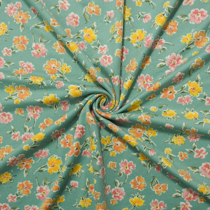 Teal-Yellow-Multi Poly Floral Double Brushed Jersey Knit Fabric