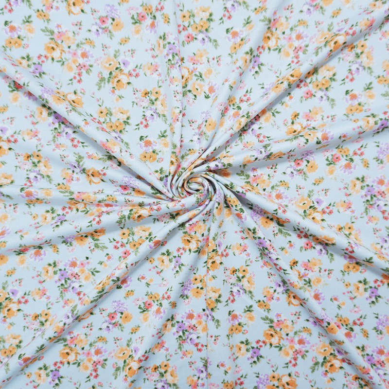 Blue-Orange-Multi Poly Floral Double Brushed Jersey Knit Fabric