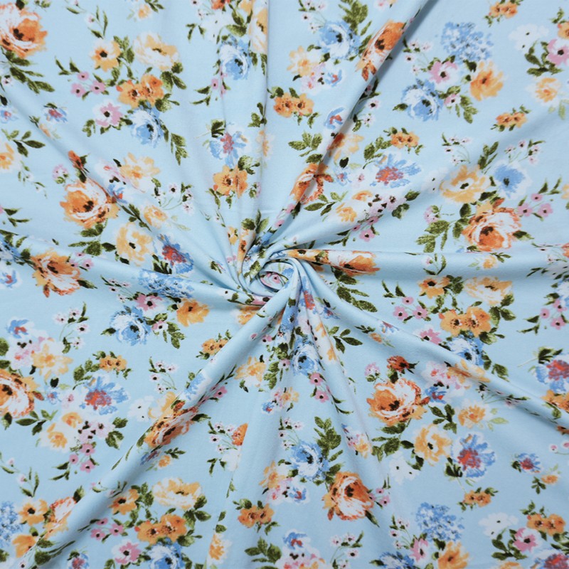 Blue-Orange-Multi Poly Floral Double Brushed Jersey Knit Fabric
