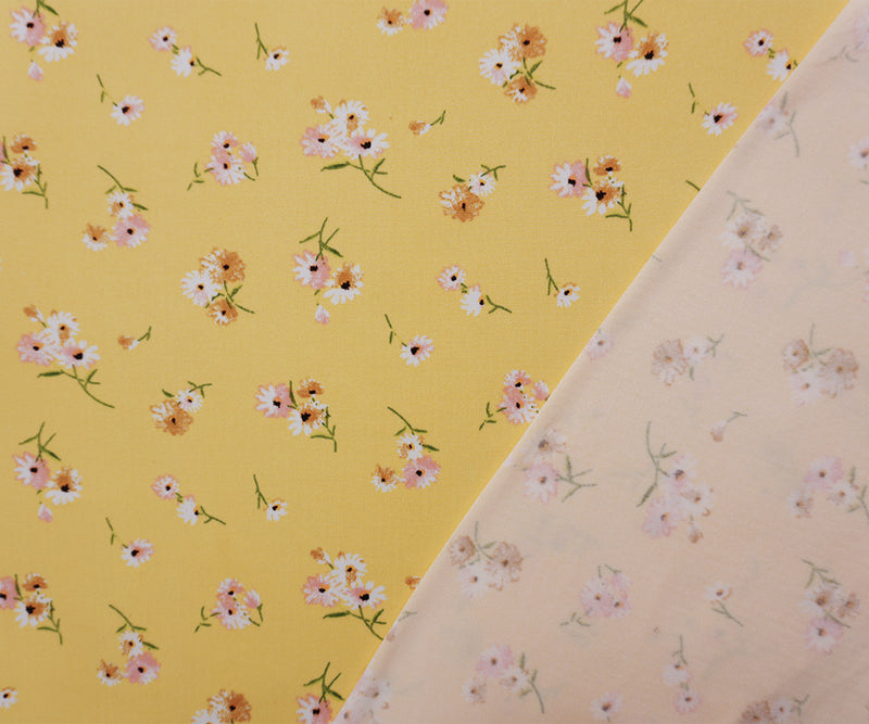 Yellow-Coral-Multi Poly Floral Double Brushed Jersey Knit Fabric