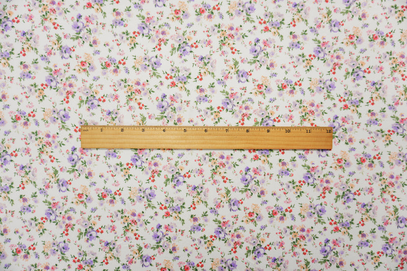 Ivory-Purple-Pink Poly Floral Double Brushed Jersey Knit Fabric