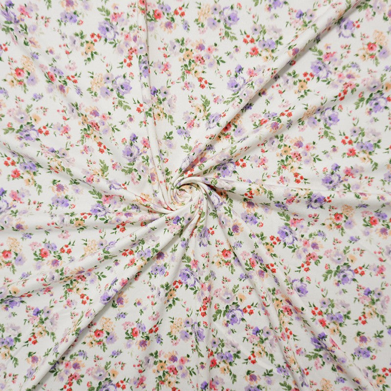 Ivory-Purple-Pink Poly Floral Double Brushed Jersey Knit Fabric