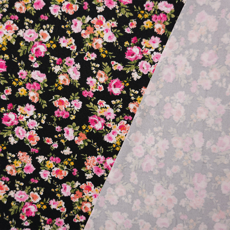 Black-Pink-Multi Poly Floral Double Brushed Jersey Knit Fabric