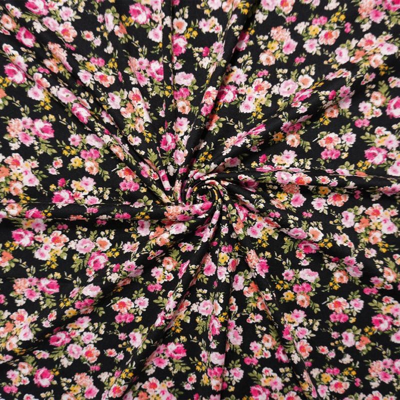 Black-Pink-Multi Poly Floral Double Brushed Jersey Knit Fabric