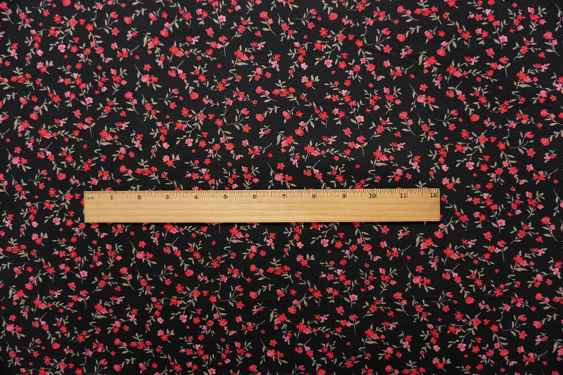 Black-Red Poly Spandex Floral Double Brushed Jersey Knit Fabric