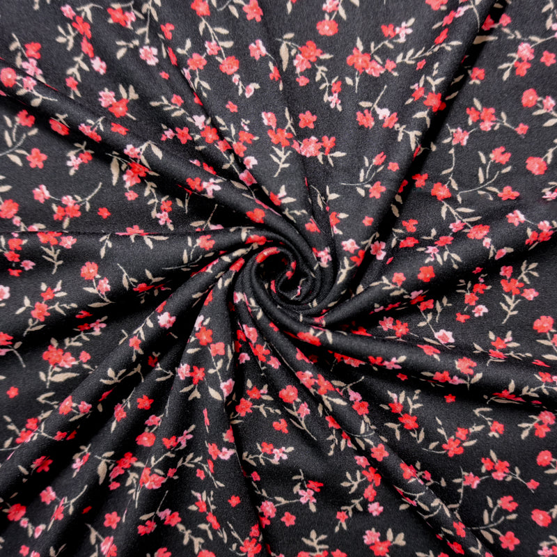 Black-Red Poly Spandex Floral Double Brushed Jersey Knit Fabric