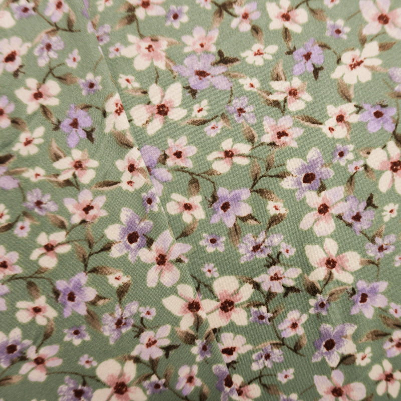 Green-Purple-Multi Poly Floral Double Brushed Jersey Knit Fabric