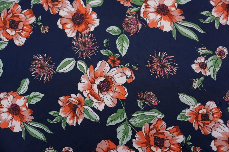 Deep Navy-Orange Poly Floral Double Brushed Jersey Knit Fabric