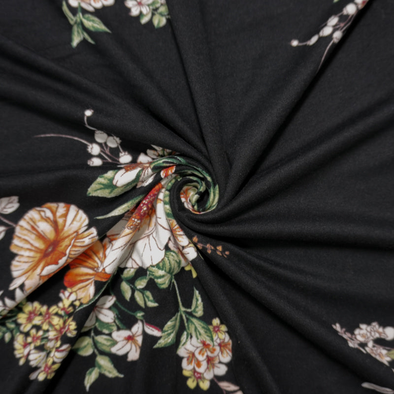 Black-Orange-Multi Poly Floral Double Brushed Jersey Knit Fabric