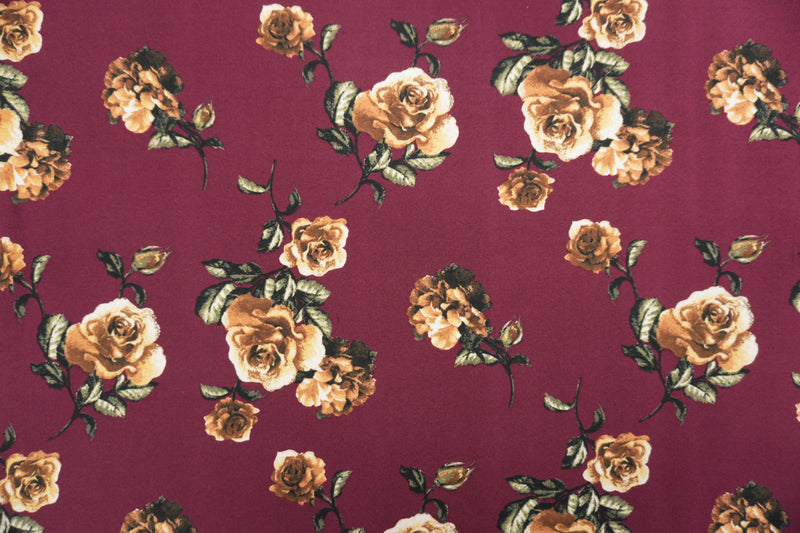 Burgundy Red-Multi Poly Floral Double Brushed Jersey Knit Fabric