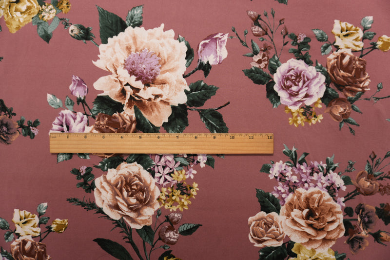 Pink-Brown-Multi Poly Floral Double Brushed Jersey Knit Fabric