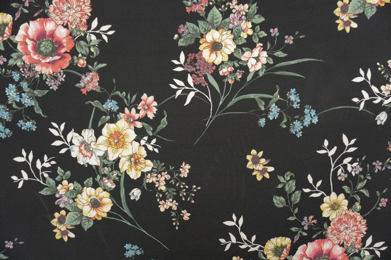 Black-Blue-Coral Poly Floral Double Brushed Jersey Knit Fabric